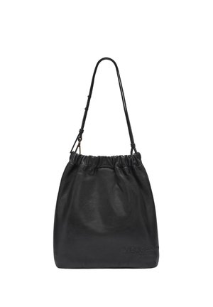 Black leather bucket bag with a gathered top, adjustable strap, and embossed logo. Soft texture, minimal design, and classic silhouette.