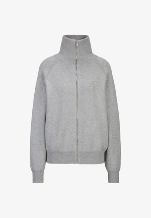 Grijze sweatvest met rits en hoge kraag, geribbelde manchetten en zoom, voorzien van een subtiel logo op de borst en een zachte, gestructureerde stof.