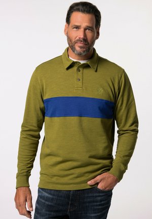 Langarm poloshirt in olijfgroen met een blauwe horizontale streep, voorzien van een kraag en een knoopsluiting met drie knopen. Geweven stof.