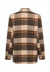 Blazer a cuadros marrón y crema en una suave tela texturizada, con cuello con muesca y mangas largas de corte relajado.