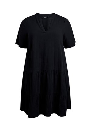 Must värvi, põlvepikkune kleit V-kaelusega, lühikeste varrukatega ja kihilise kujundusega. Valmistatud tekstuuriga kangast, millel on lõdva, voolava siluett.