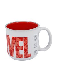 White mug with a red interior featuring the word "MARVEL" in large red letters and character illustrations on the side.