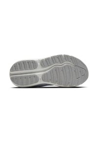 Semelle de chaussure en caoutchouc gris avec un motif de traction texturé, présentant des sections segmentées et un marquage. Surface lisse avec une légère courbure.