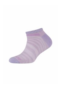 Fioletowa skarpetka do kostek w paski, z żebrowanym mankietem i gładką fakturą. Logo widoczne na obszarze palców w jasnofioletowym kolorze.