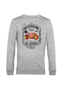 Felpa a maniche lunghe grigia con grafica di una motocicletta rossa e testo "Kustom Factory", "Compton River" e "Los Angeles" sul davanti.
