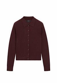 Bordeaux cardigan met een kraag, knoopsluiting aan de voorkant en lange mouwen. Getextureerde gebreide stof, kort ontwerp.