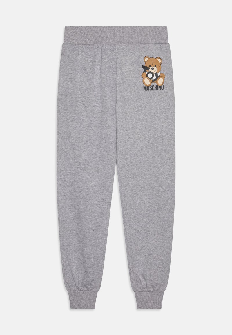 Pantalones de chándal grises de algodón con cinturilla y puños elásticos. Presenta un gráfico de un oso y el texto "Moschino" en el muslo izquierdo.