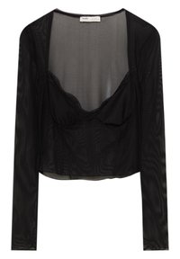 Top corto nero trasparente a maniche lunghe con coppe per reggiseno integrate e pizzo lungo il collo, etichetta visibile al colletto.