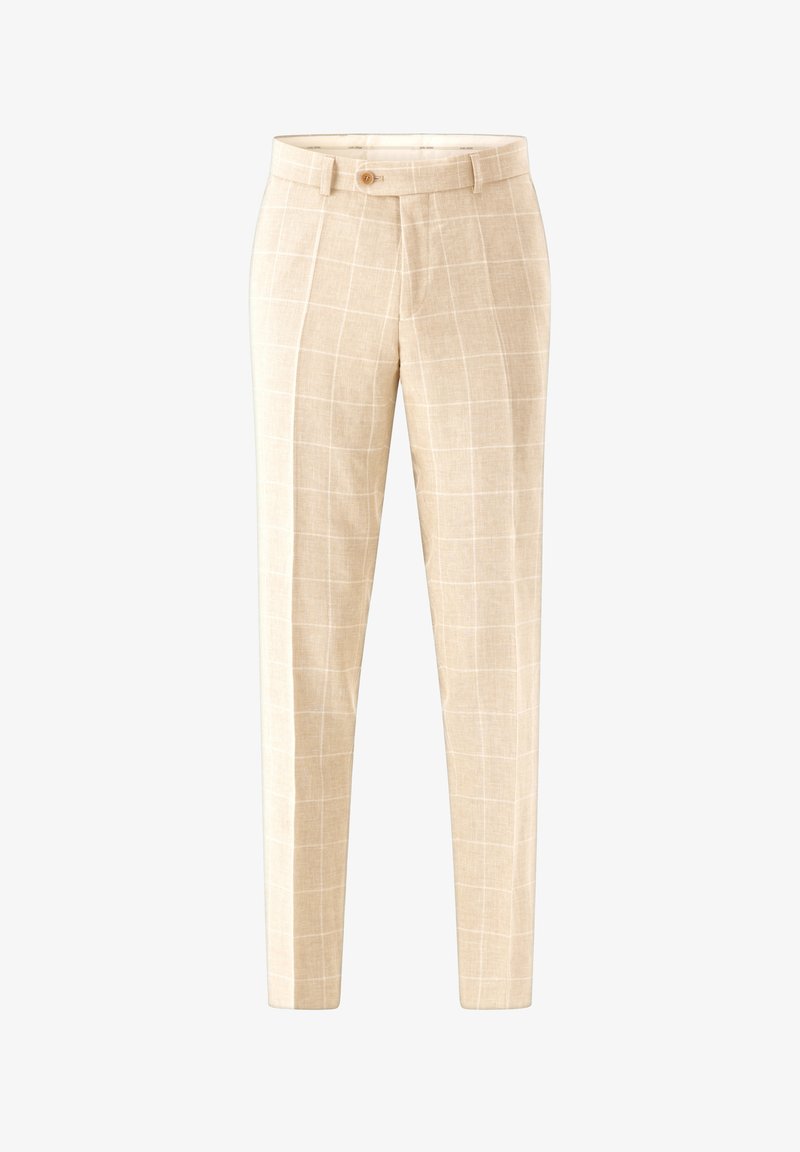 Beige karierte Hose mit tailliertem Schnitt, einer einzigen Knopfverschluss und glatter Textur. Verfügt über ein Karomuster in hellerer Farbe für den Kontrast.