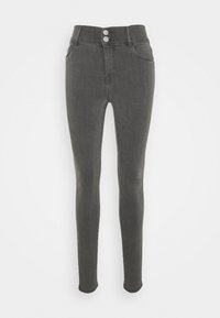 Szare, wysokie skinny jeansy z gładką fakturą, z podwójnym zapięciem na guziki i przednimi kieszeniami. Brak widocznych przetarć lub ozdób.