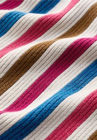 Striped fabric featuring colors: pink, blue, brown, and cream. The texture appears ribbed and woven, creating depth and visual interest.