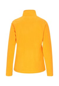 Oranges Fleece-Jacke mit hohem Kragen und langen Ärmeln. Glatte Textur und einfaches Design, ohne sichtbare Verschlüsse oder Muster.