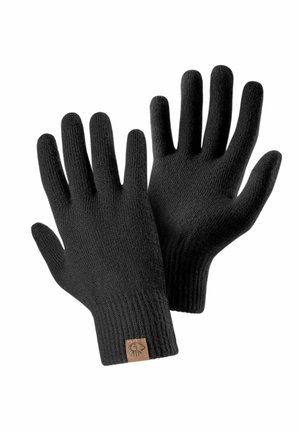 Black knit gloves with ribbed cuffs and a small logo patch on the wrist. Soft texture, designed for warmth and comfort.