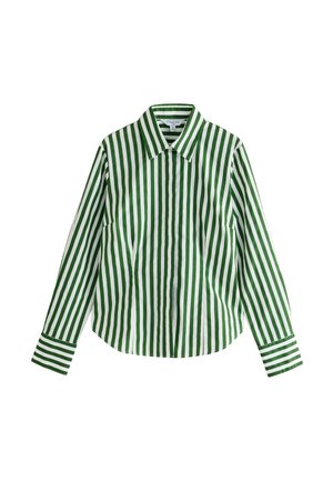 Long-sleeve shirt with green and white vertical stripes, pointed collar, and buttoned cuffs, displayed against a white background.