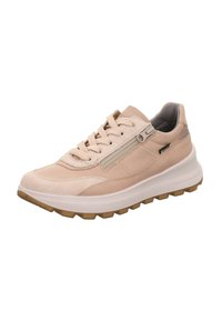 Helle beige Sneaker mit einer Mischung aus Wildleder und glatten Materialien. Verfügt über eine runde Zehenpartie, strukturierte Akzente, Schnürsenkel und eine Gummisohle mit Profil.