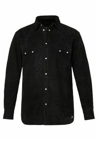 Camicia nera in suede con chiusura frontale a bottoni, due tasche sul petto, colletto a punta e maniche lunghe. Presenta bottoni in metallo e una texture liscia.