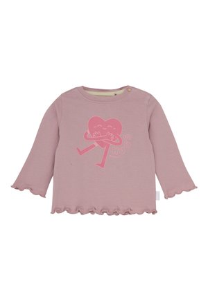 Hellblaues langärmliges Kleinkinder-Shirt mit Rüschensäumen und einem pinken Herz, das sich umarmt, mit dem Text "SO HUGS".