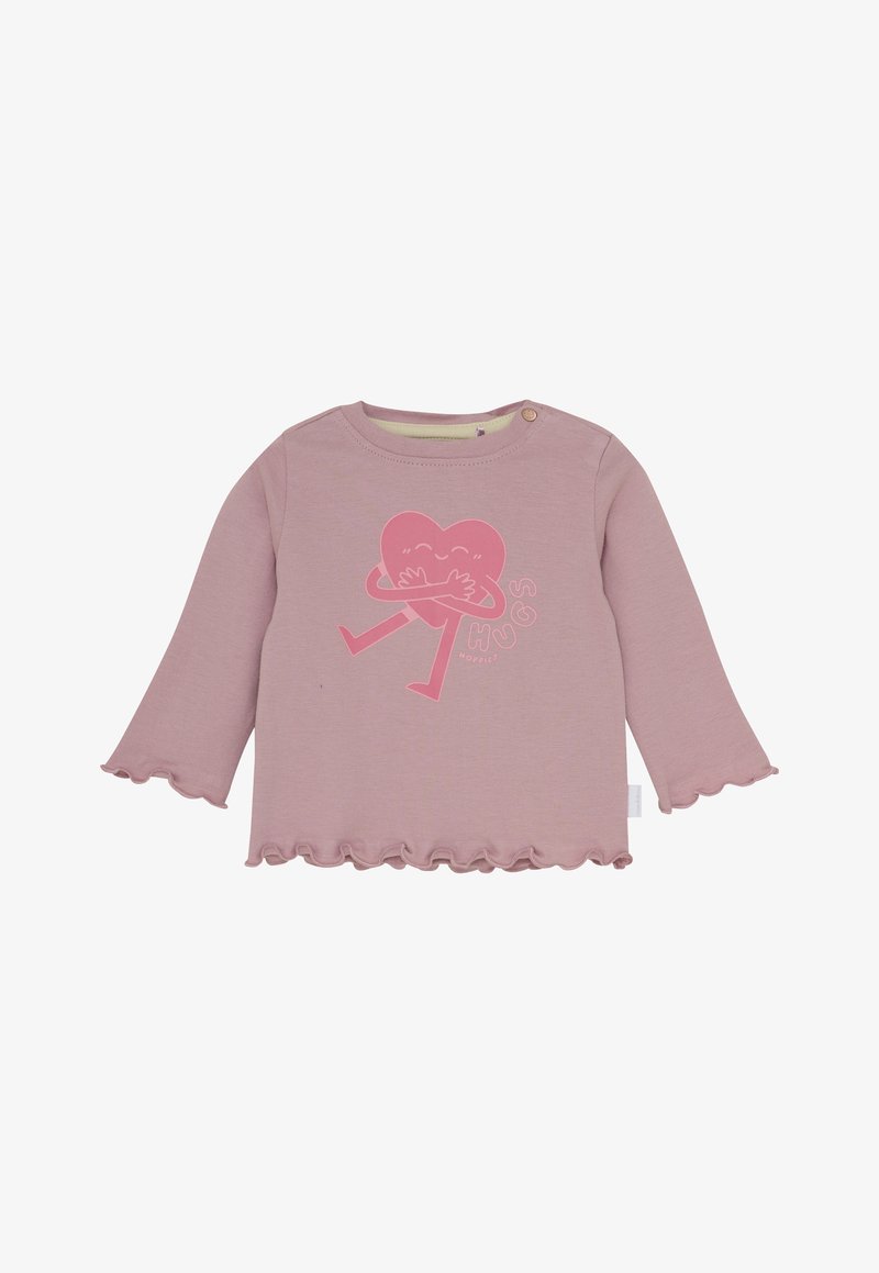 Hellblaues langärmliges Kleinkinder-Shirt mit Rüschensäumen und einem pinken Herz, das sich umarmt, mit dem Text "SO HUGS".