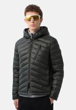 Puffer jacket in dark gray with a quilted design, featuring a hood, zippered pockets, and contrasting orange accents. Smooth, shiny texture.