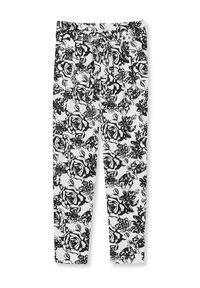 Schwarz-weiße Blumenmuster-Hosen mit Kordelzugbund. Hergestellt aus weichem Stoff und mit aufwendigen Rosen- und Blattformen.