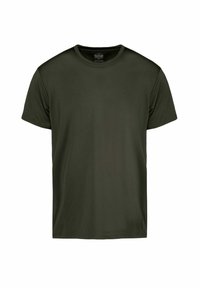 Dark green short-sleeved t-shirt made of smooth fabric with a round neck and minimal stitching details. No visible logos or patterns.