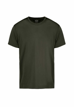 Ciemnozielona koszulka z krótkim rękawem, wykonana z gładkiego materiału, z okrągłym dekoltem i minimalnymi detalami szwów. Brak widocznych logo lub wzorów.