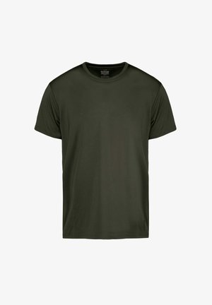 Ciemnozielona koszulka z krótkim rękawem, wykonana z gładkiego materiału, z okrągłym dekoltem i minimalnymi detalami szwów. Brak widocznych logo lub wzorów.