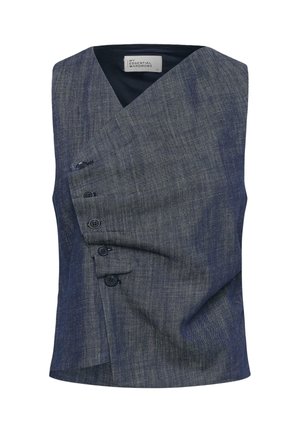 Ärmellose, marineblaue Weste mit überkreuztem Vorderteil und fünf schwarzen Knöpfen auf der linken Seite, strukturiertem Stoff und einem Etikett mit der Aufschrift „My Essential Wardrobe.“