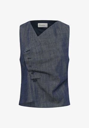 Ärmellose, marineblaue Weste mit überkreuztem Vorderteil und fünf schwarzen Knöpfen auf der linken Seite, strukturiertem Stoff und einem Etikett mit der Aufschrift „My Essential Wardrobe.“