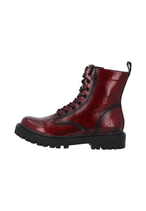 Red glossy leather ankle boots with a textured surface, featuring black laces, a thick black rubber sole, and a rear pull tab.