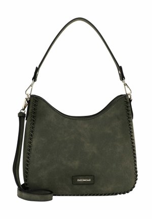 Dark green shoulder bag with black stitching along edges, detachable strap, and small rectangular brand label on front.