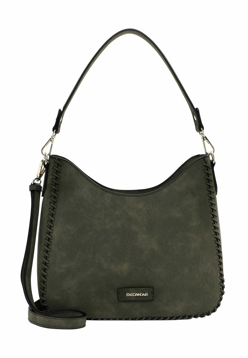 Sac à bandoulière vert foncé avec coutures noires sur les bords, sangle détachable et petite étiquette de marque rectangulaire à l'avant.