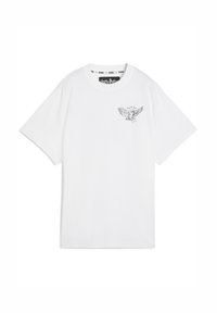 White cotton T-shirt featuring a round neckline and short sleeves. Includes a black line drawing of an eagle holding a letter on the chest.