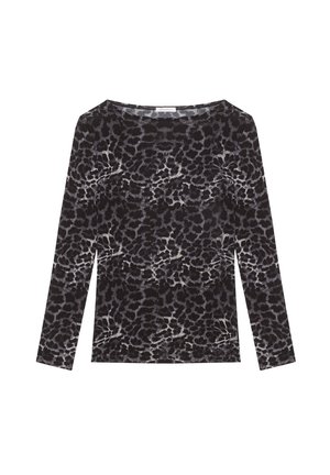 Long-sleeve black and grey leopard print top with a round neckline, displayed flat on a white background.