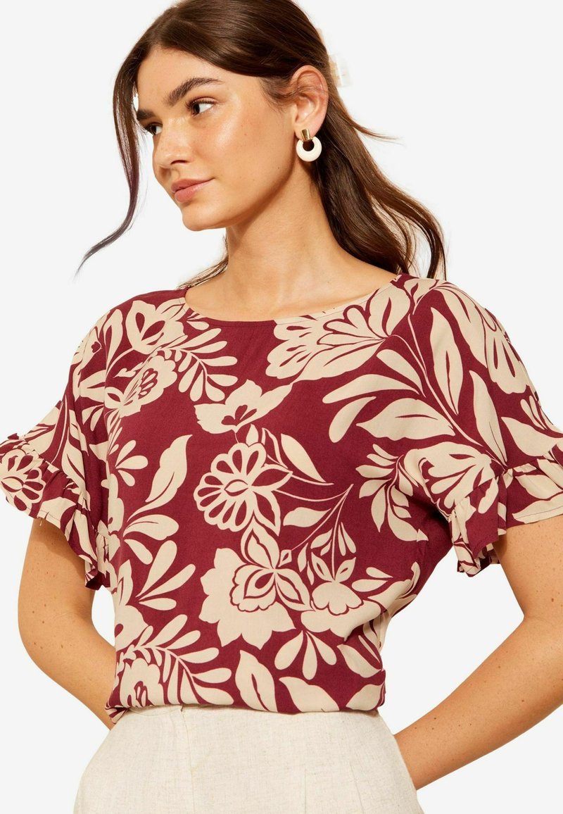 Friends Like These SHORT SLEEVE RUFFLE CUFF - Palaidinė - burgundy red floral