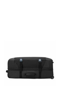 Borsa duffel nera con due fibbie blu, cerniera superiore, maniglie laterali e ruote. Caratterizzata da un ampio interno e da un tessuto resistente.