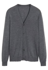 Dunkelgrauer langärmeliger Cardigan mit V-Ausschnitt und fünf Knöpfen vorne, gefertigt aus feinem Strickstoff.