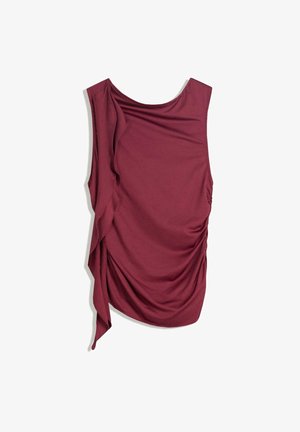 Bordeaux-farbenes ärmelloses Top mit drapiertem Design, weichem Material und gerafften Seitendetails. Mit Rundhalsausschnitt und fließender Textur.