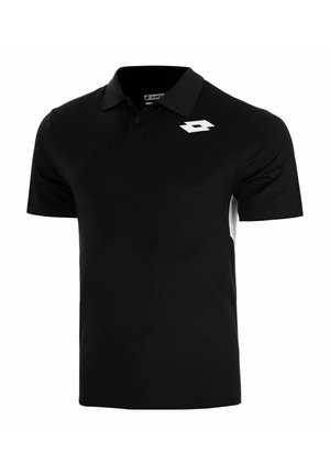 Black short-sleeve polo shirt with collar and two-button placket, featuring a white geometric logo on the right chest.