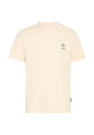 Tricou din bumbac crem, cu guler rotund, mâneci scurte și un mic grafic cu soare negru și text pe zona stângă a pieptului.