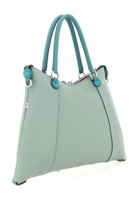 Borsa a mano in pelle turchese chiaro con due manici, chiusura con cerniera, dettagli in contrasto turchese scuro, superficie strutturata e design strutturato.