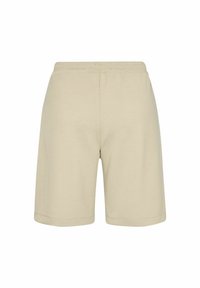 Pantaloni corti in cotone beige con vita elastica, taglio dritto e design fino al ginocchio. Tessuto liscio e dettagli minimi.