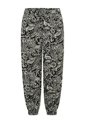 Pantalon ample noir avec motifs floraux cachemire blancs complexes, taille élastique avec cordon de serrage, et poignets élastiques aux chevilles.