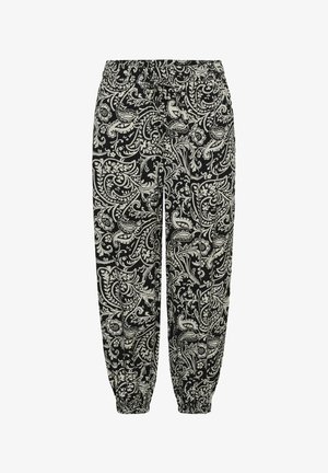 Black loose pants with white intricate paisley floral patterns, elastic waistband with drawstring, and elastic cuffs at ankles.