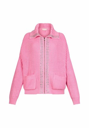 Cardigan rosa in maglia con zip, collo, due tasche frontali e borchie argento a decorare la zona della zip e il collo.