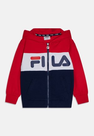 Felpa con zip rossa, bianca e blu navy in cotone. Presenta un logo frontale, due tasche e polsini a coste. Il cappuccio è fissato.