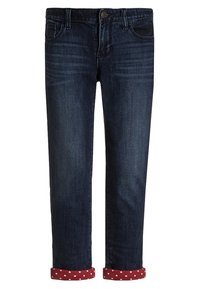 Džínové kalhoty tmavě modré barvy s klasickým střihem, s ohrnutými nohavicemi s malým vzorem srdíček v červené a bílé. Design s pěti kapsami.