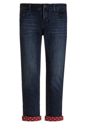 Mørkeblå denim jeans med en klassisk pasform, der har opfoldede bukseender med et lille hjerte-mønster i rødt og hvidt. Fem-lomme design.