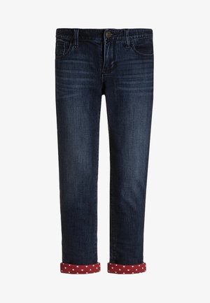 Džínové kalhoty tmavě modré barvy s klasickým střihem, s ohrnutými nohavicemi s malým vzorem srdíček v červené a bílé. Design s pěti kapsami.