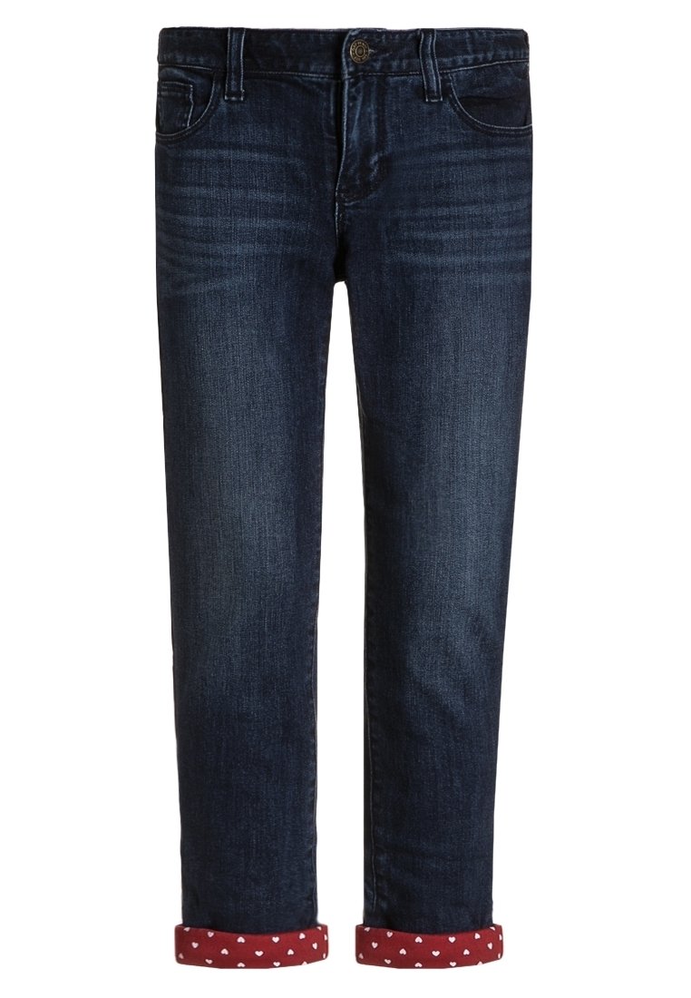 Džínové kalhoty tmavě modré barvy s klasickým střihem, s ohrnutými nohavicemi s malým vzorem srdíček v červené a bílé. Design s pěti kapsami.